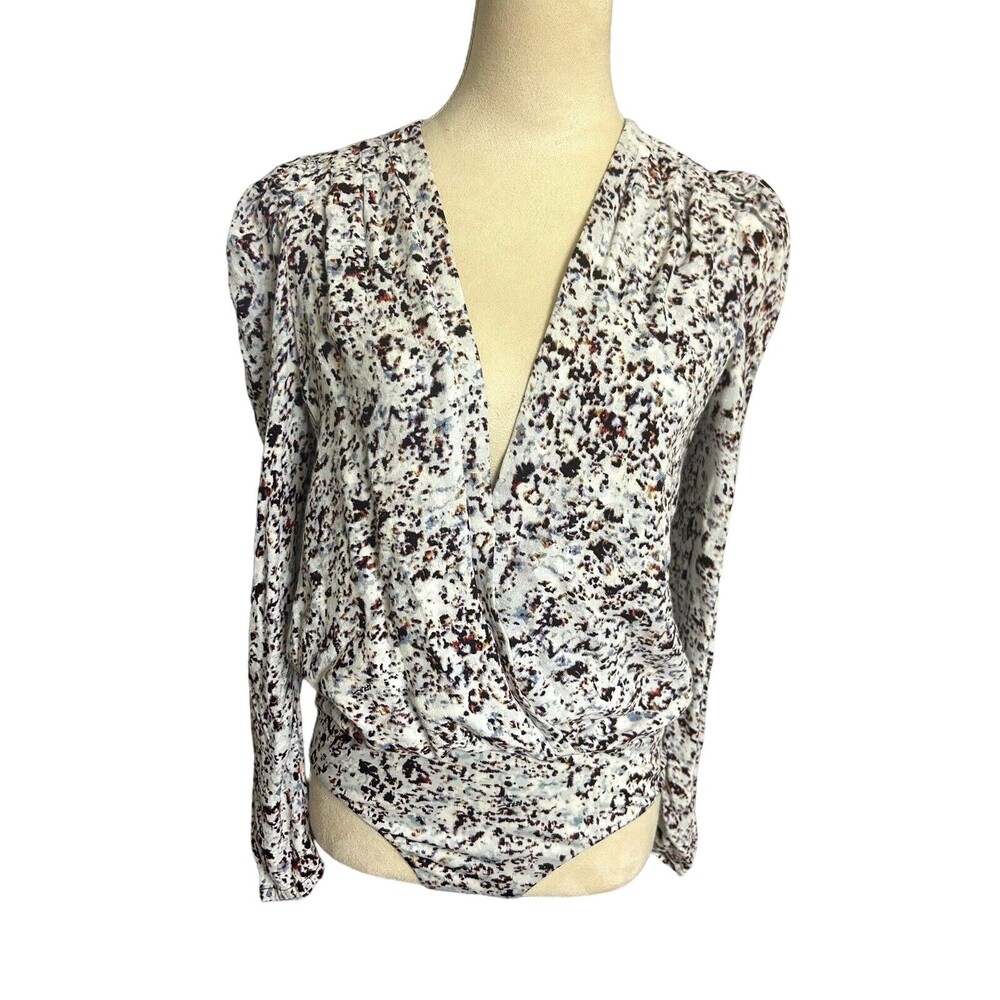 AFRM Bodysuit Puffed Ruched Sleeves Plunged Overlap V Neck Abstract Sz M
